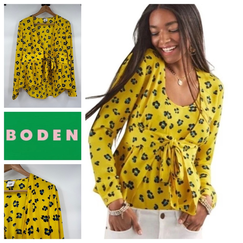 CABI Yellow Leopard Print Wrap Peplum Blouse Top Womens‎ M Long Sleeve Tie Waist